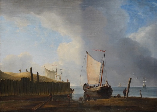 Attributed to William Anderson (Scottish, 1757-1837), Shoreline with fishing boats, oil on canvas, 53 x 38cm